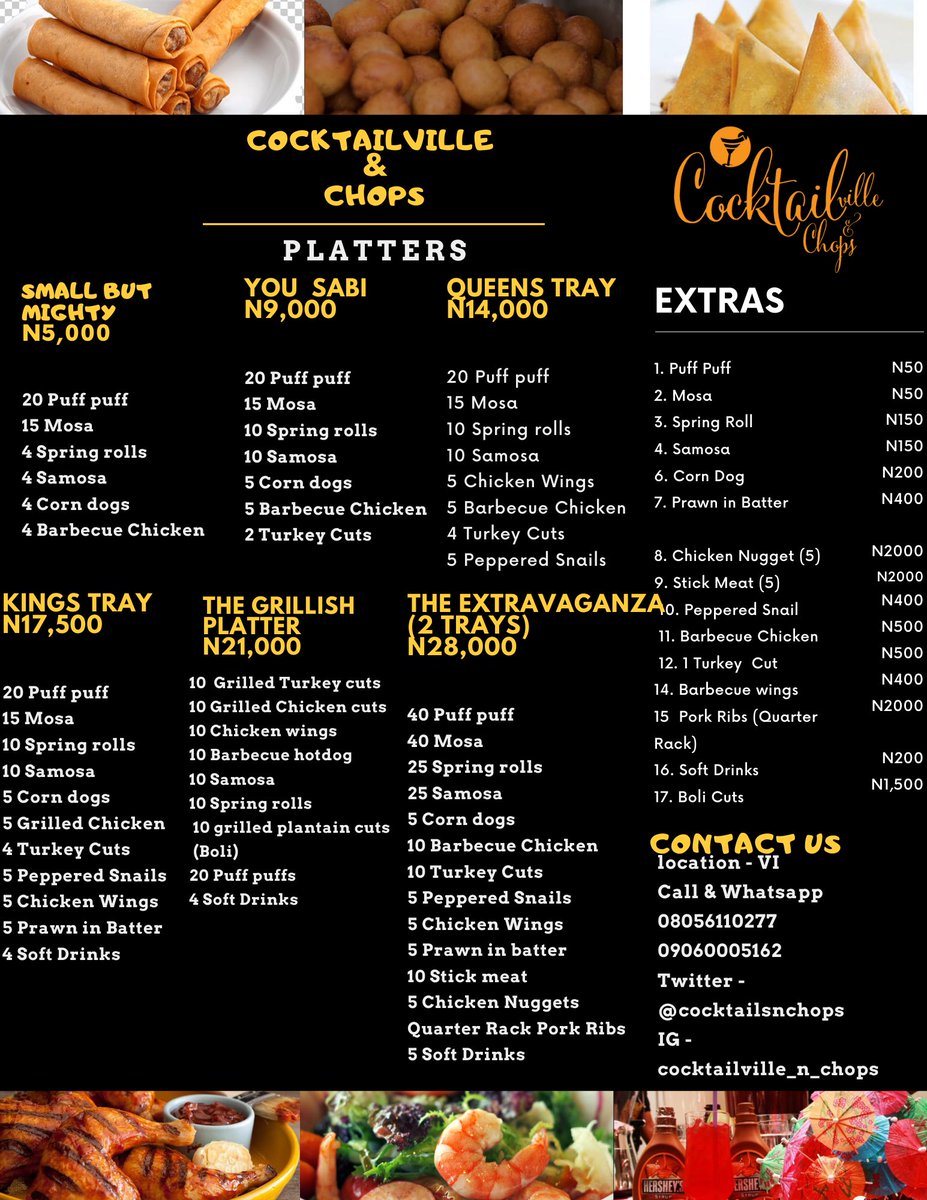 cocktailsNchops's tweet photo. Hi guys! 

Just a reminder, we make the best Small Chops in lagos 😊🥵😁 

We also do same day delivery. Scroll through for our menu 

Call/WhatsApp 08056110277 for your daily small chops, events parties &amp; weddings 

#CVChops https://t.co/X9FcWIPSmw
