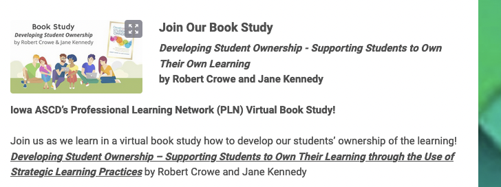 IowaASCD's tweet photo. Iowa ASCD Book Study:  Register at https://t.co/ywHMUyD62f

4 Virtual Sessions
    April 4 - Tuesday - 6:00 - 8:30 P.M.
    April 20 - Thursday - 6:00 - 8:30 P.M.
    May 2 - Tuesday - 6:00 - 8:30 P.M.
    May 18 - Thursday - 6:00 - 8:30 P.M. https://t.co/80hNSeEKZ3