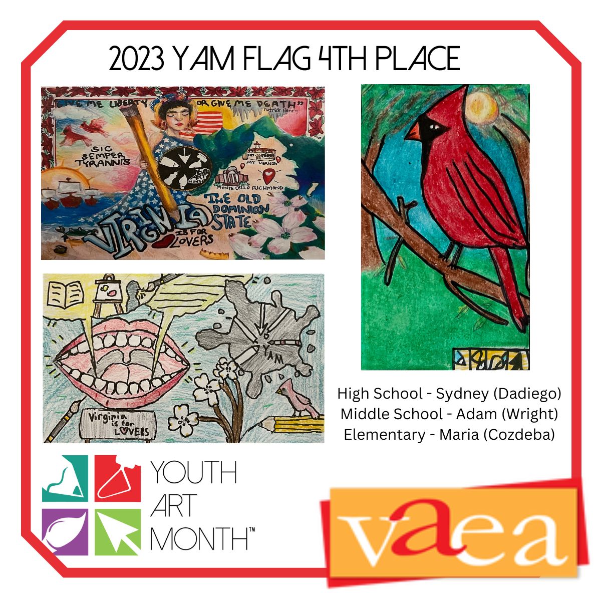 hhsstudio175's tweet photo. Recognizing our 2023 4th place VA YAM flag designs.
#vaaartedYAM23 https://t.co/ggfqEUvkY4