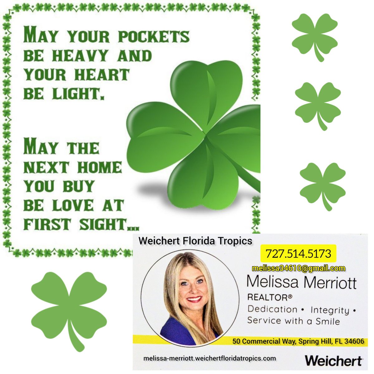 Happy St. Patricks Day🍀
Melissa Merriott 🏠♥️
REALTOR®
Weichert, Realtors - Florida Tropics
Direct: 727-514-5173
#floridarealtor #floridarealestate  #lookingforahome #lookingtobuy #lookingtosell #stpatricksday  #stpattysday #stpatricksday2023 #feelinglucky #potofgold #Tampa