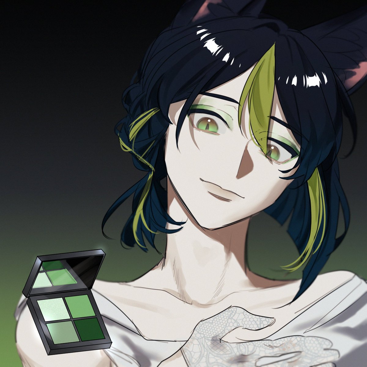 1boy male focus animal ears fox ears black hair solo green eyes  illustration images