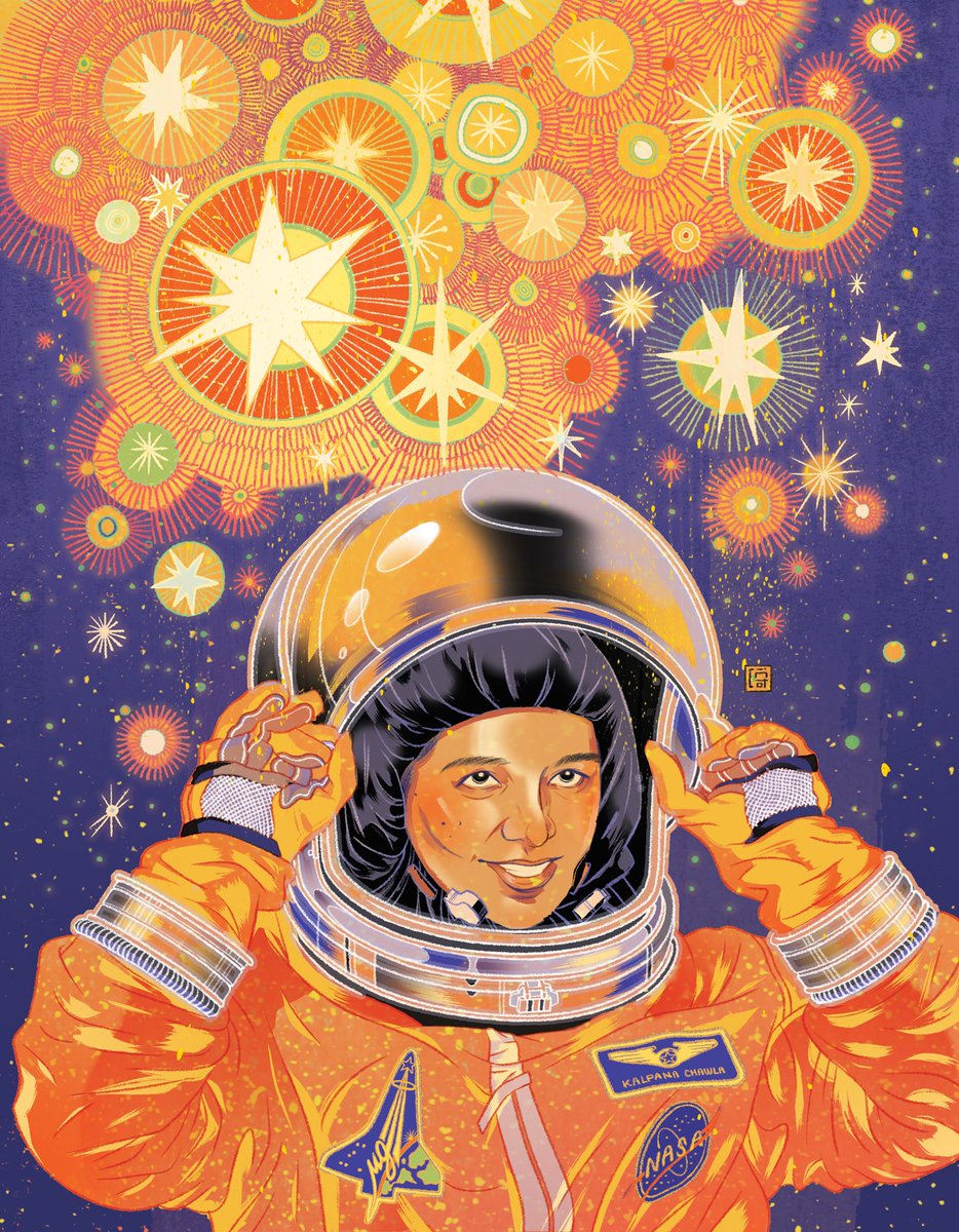 Another portrait from my newest book, Shining a light, authored by @veedabybee, coming out in just 2 weeks from @versifybooks 😯 

Happy Birthday, Kalpana (17 March 1962- 1 Feb 2003) ! Your light has touched so many. 🌟