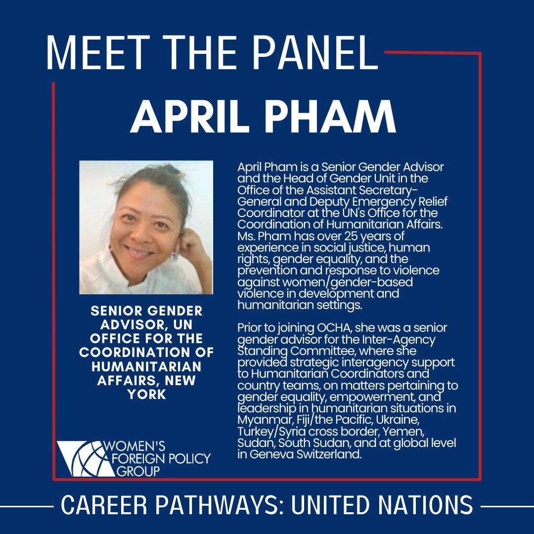 Join April Pham, Senior Gender Advisor, United Nations Office for the Coordination of Humanitarian Affairs, New York. @UNOCHA @MynameisApes