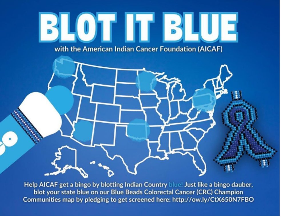 NAYAFam's tweet image. March is Colorectal Cancer Awareness Month! Just like in Bingo join #Americanindiancancer in blotting #NativeCountry blue. By pledging to get screened you can help blot Oregon blue in an effort in spreading colorectal cancer awareness.  
More info: ow.ly/1TW750Nh6yQ