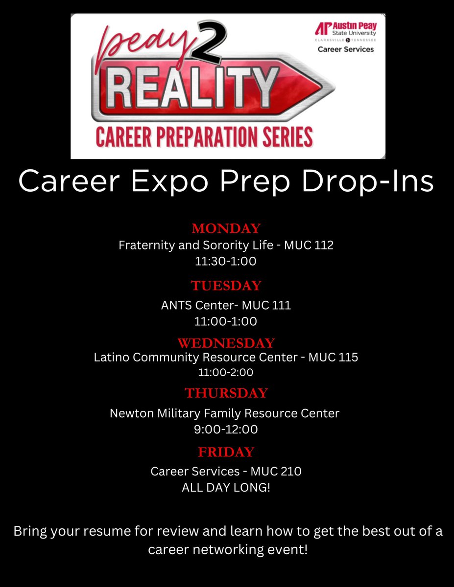 Never attended a career fair before?  Unsure how to talk to employers and graduate school representatives?

Career Expo Prep Drop-Ins Next Week! Bring your resume for review and chat with Career Services Staff about how to get the most out of networking events.