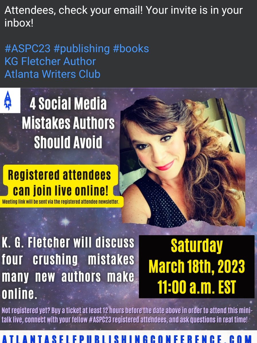 Another fun bonus event for <a href="/ATLSelfPubCon/">Atlanta Self-Publishing Conference (4/29/23).</a> registrants! <a href="/kgfletcher3/">KG Fletcher</a>