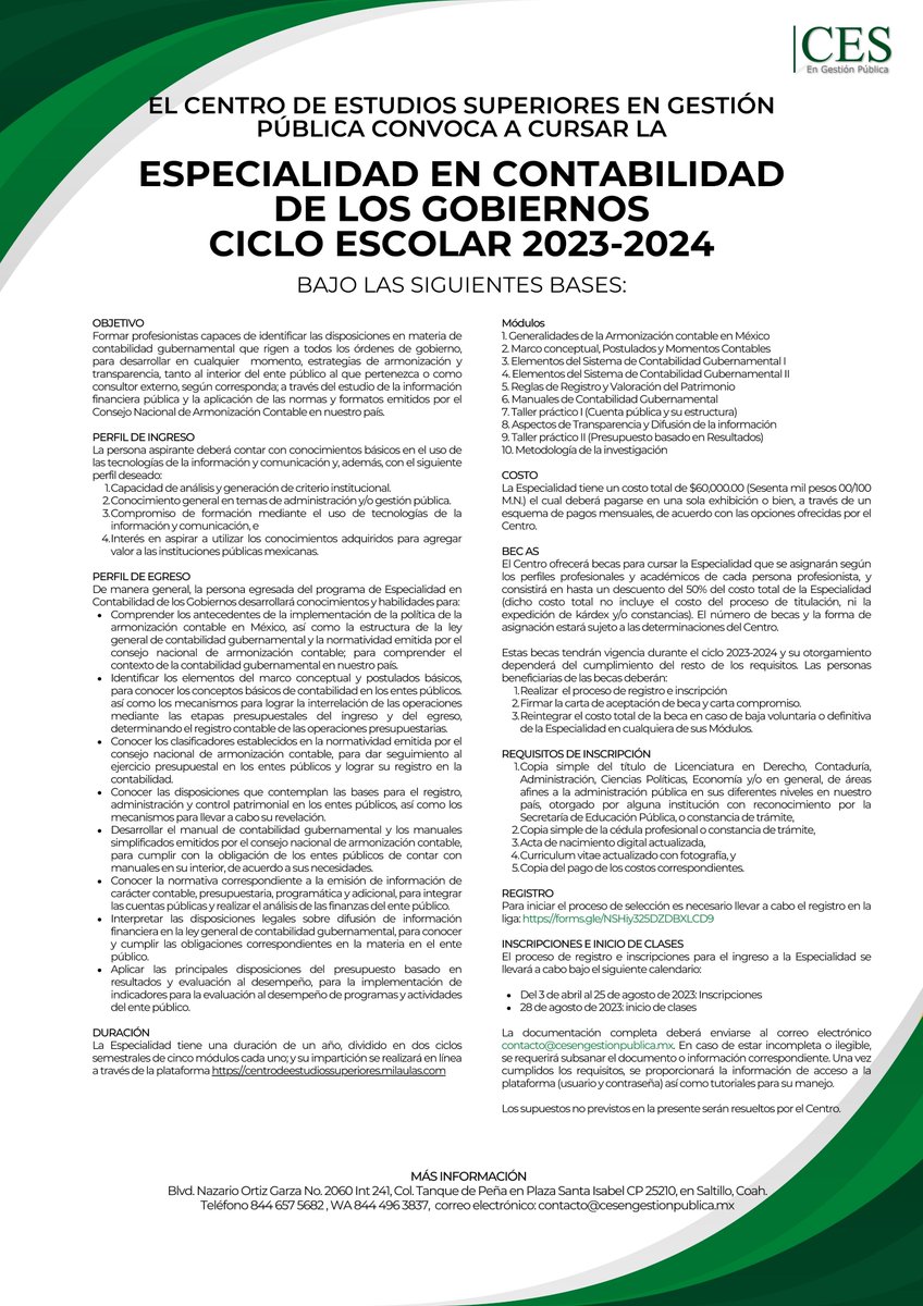 📢📢Convocatoria para cursar la Especialidad en Contabilidad de los Gobiernos para el ciclo escolar 2023-2024📢📢

¡Aplica ya! #PosgradosCES #CES