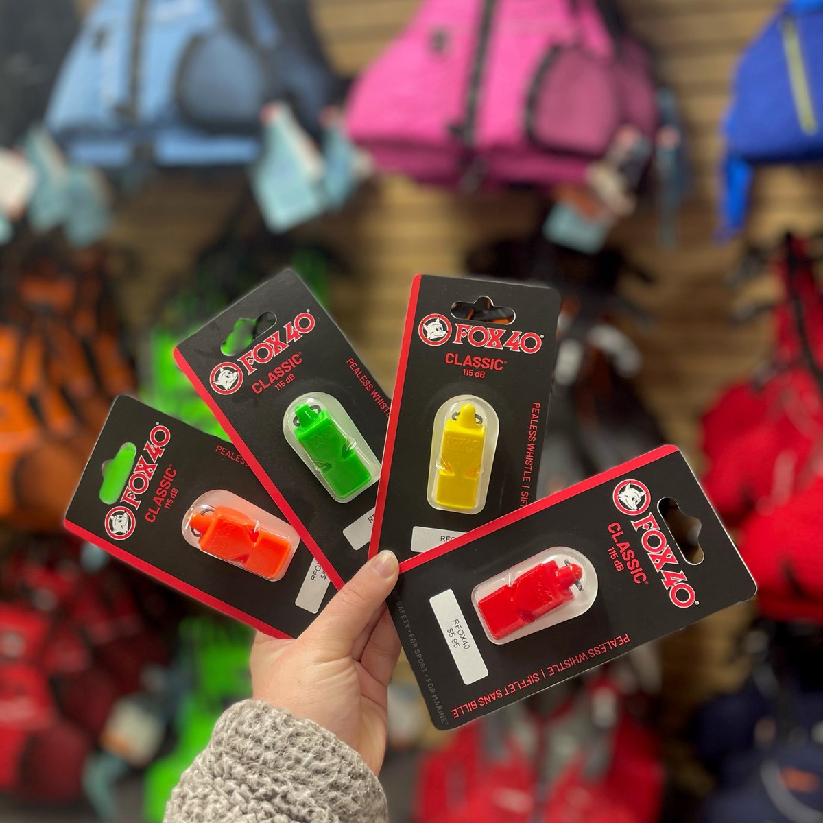 Fox 40 classic safety whistles come in a variety of colors to match your favorite PFD. A good pealess whistle is an essential paddling safety item. They can be heard over ambient noise, waves & wind. Only $5.95! Available online & in-store. #safety #canoeing #kayaking #ldnont