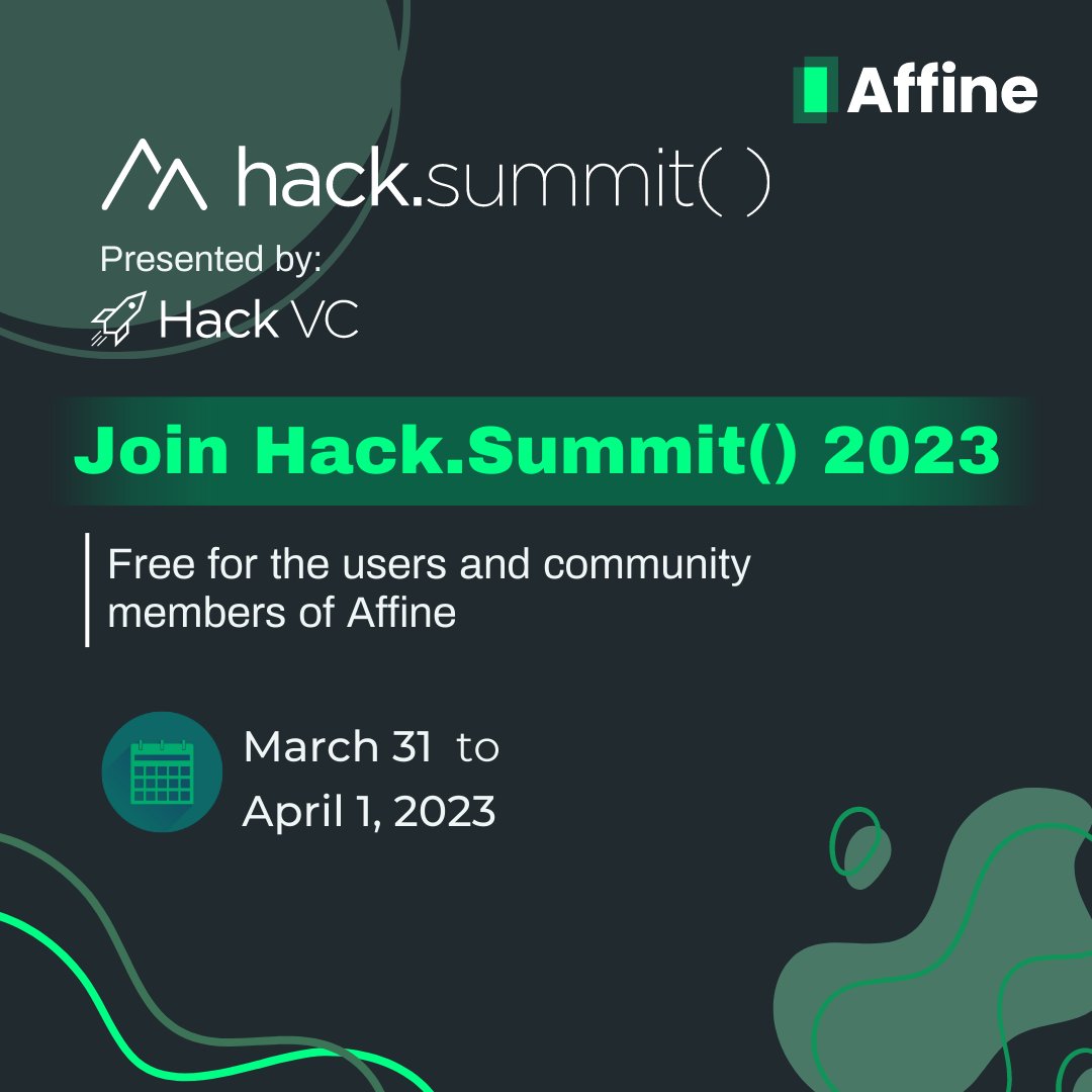 AffineDeFi's tweet photo. hack.summit() is free for all of Affine's community members and users.

Join our discord channel to get free access to this virtual event taking place from March 31 to April 1. 

At hack.summit(), you can learn from some of the world's most accomplished blockchain leaders.  This includes @VitalikButerin , the President of @solana, the founders of @NEARProtocol, @0xPolygon, @StarkWareLtd , @compoundfinance, @CeloOrg, @SuiNetwork, and many more.  We're speaking too!

get on our discord to register for free - https://t.co/PzaS9T7JIW