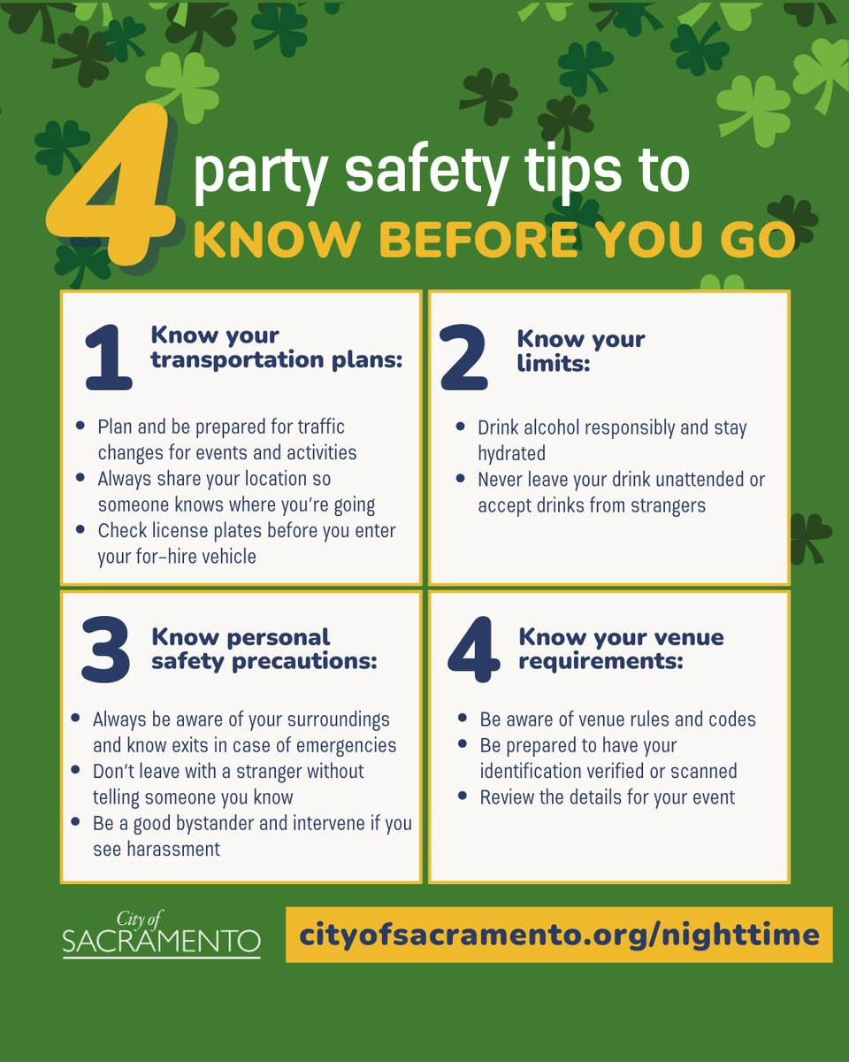 CityofSacCDD's tweet photo. The City’s Nighttime Economy Manager is sharing tips on how to have a safe and fun St. Patrick’s Day weekend. https://t.co/agsL9mZpxA