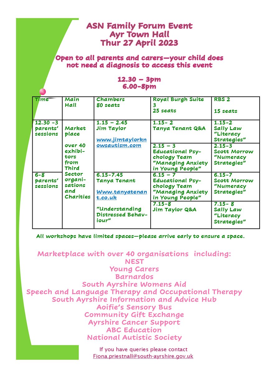 We are excited to announce our biggest-ever Family Forum event in Ayr Town Hall on Thursday, the 27th of April! Early booking is advised 😀