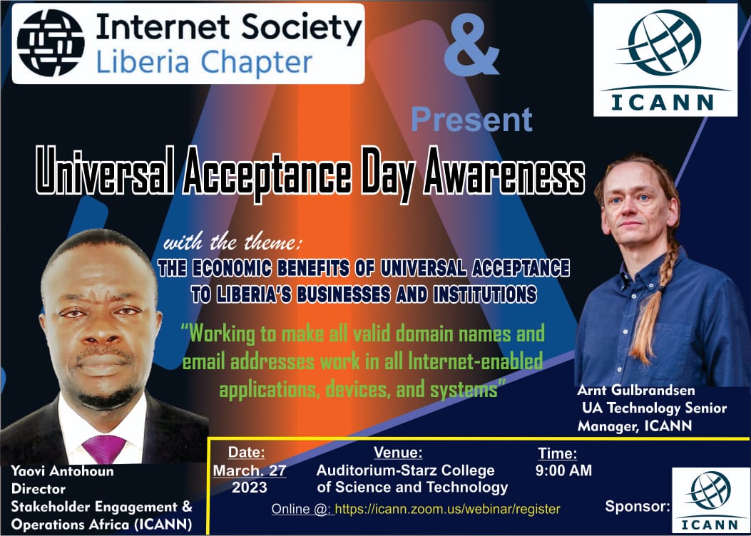 IsocLiberia's tweet photo. Internet Society Liberia Chapter is collaborating with ICANN to host the Universal Acceptance Day (UA) event in Liberia. If you desire, please register for the event here: https://t.co/nMq03GaCKT. #internetfortrust #internet https://t.co/KKdGIvVqhA