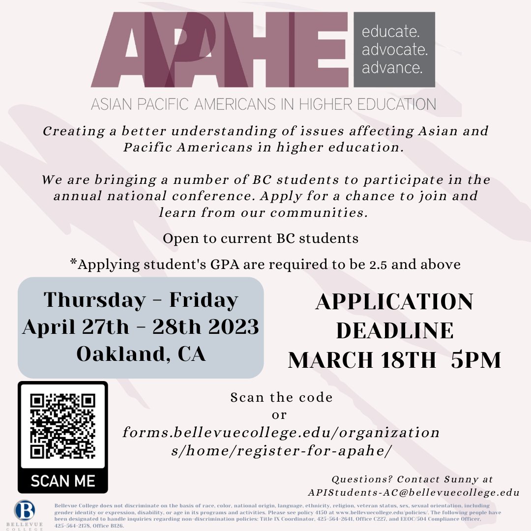 Apply to attend the Asian Pacific Americans in Higher Education Conference! Event is April 27 – 28, in Oakland, CA. Four (4) students will learn about issues facing Asians and Asian Americans in higher ed. 
Interested? Visit tinyurl.com/2p99hzvn  
#APAHE #BellevueCollege