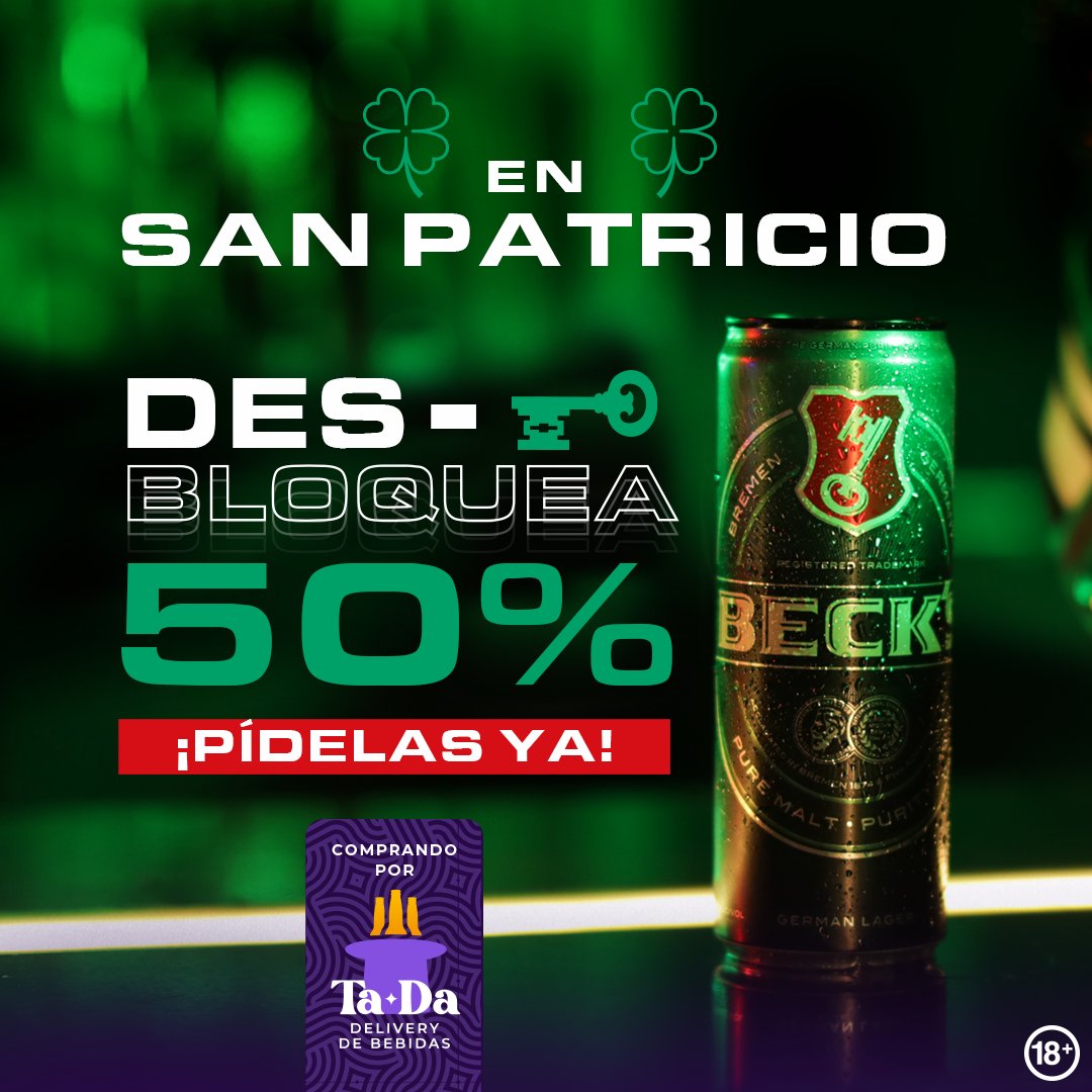 San Patricio no puede pasar sin una buena cerveza en mano. ¿Ya tienes la tuya? ¡Haz tu pedido en TaDa y disfruta 50% de descuento en Becks! 🍺🍀