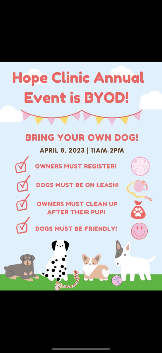 ElonHOPE's tweet photo. Hope Clinic’s Annual Event is BYOD! All pups are welcome if they are friendly, on leash, and cleaned up after! 🐶🐾 Use the link or QR code to register! https://t.co/hmcNLhQJp3 https://t.co/c5AmagY0EW