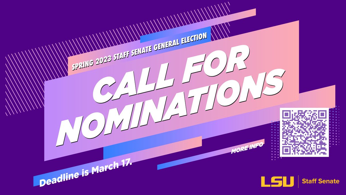 We've extended the deadline for nominations for our Staff Senate General Election to next Friday, March 24. Consider nominating someone you believe would make a great Senator or yourself!

lsu.edu/staffsenate/ne…