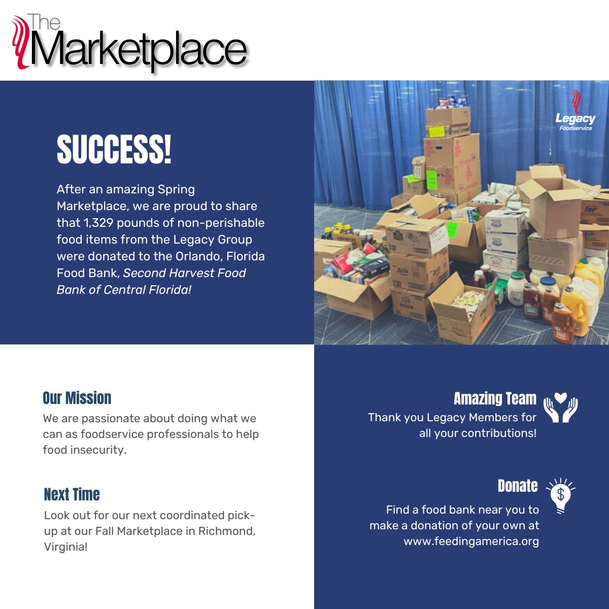 We are always so excited when we get an opportunity to do our part. Thanks for helping us reach our donation goals at our Spring Marketplace!  #legacyfoodservice #feedamerica #foodinsecurity