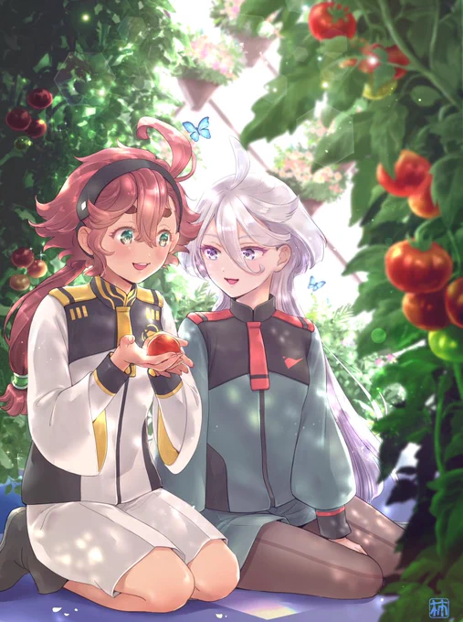 In the greenhouse「食べても、いいんですか……?」「あんたが世話して出来たやつだからね」#水星の魔女 #スレミオ 