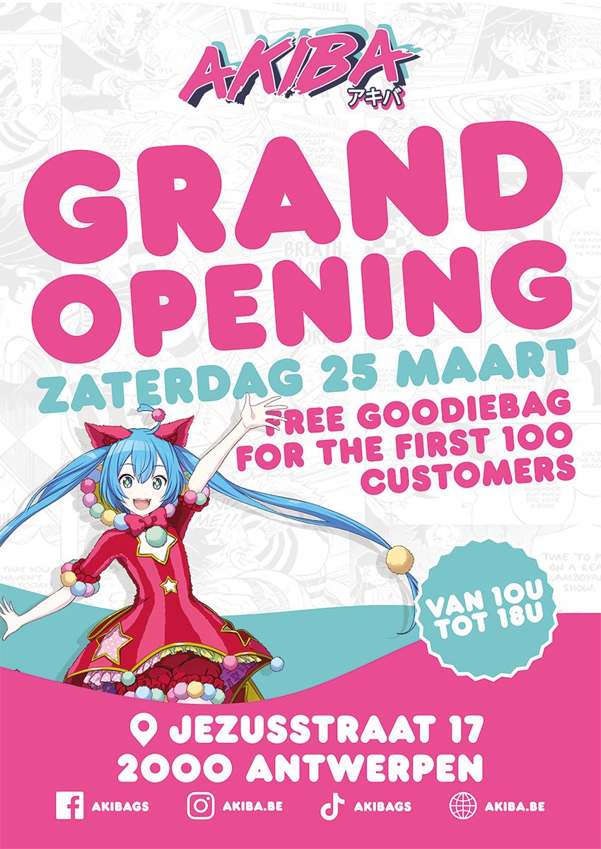 Groot nieuws: op zaterdag 25 maart openen we onze nieuwe winkel in Antwerpen! Akiba Meir, de grootste otakushop van 't stad, bevindt zich in de Jezusstraat 17 en opent officieel zijn deuren op 25/3 om 10u. Gratis goodiebags voor de eerste 100 betalende klanten, dus wees op tijd!