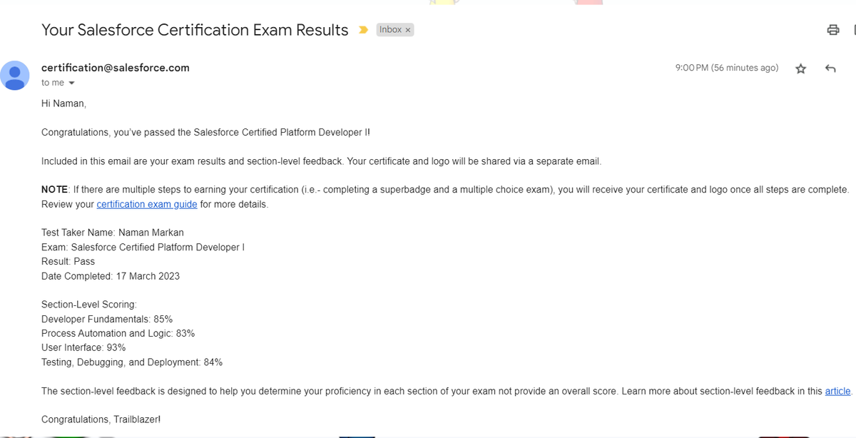 LovNaman's tweet image. I received the #CertificationVoucher today only, and this is my #PlatformDeveloper result. 

Now officially a #SalesforcePlatformDeveloper 

Looking forward for more to come. @SalesforceDevs @salesforce