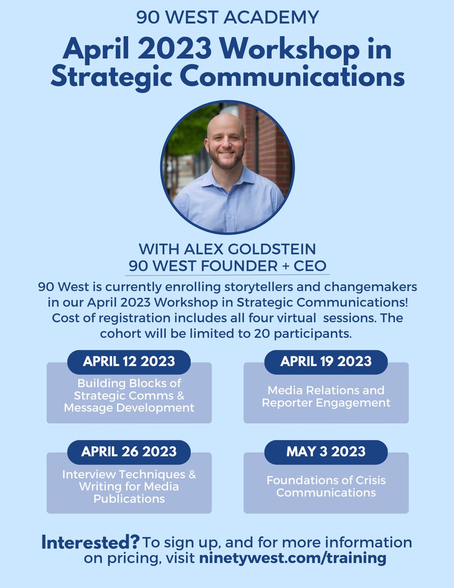 alexjgoldstein's tweet photo. Hiya Twitter Fam! 

After launching a really fantastic March cohort, I'll be running another strategic communications workshop @ninety_west through most of April covering a whole bunch of fun topics. Would be grateful if ya'll would help me spread the word! https://t.co/oTDXIORd3O