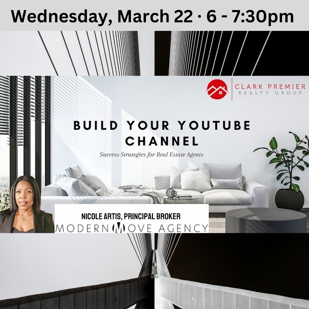 ClarkPremier's tweet photo. Join this online Masterclass feat. Nicole Artis, Principal Broker of Modern Move Agency.
Learn strategies in building your presence &amp; generating more sales with YouTube! 
🎫 https://t.co/b1QpMBRKo9
#clarkpremiergroup #realestate #allthingsrealestate #realestateagents #realtortips https://t.co/FBGp6zS68Z