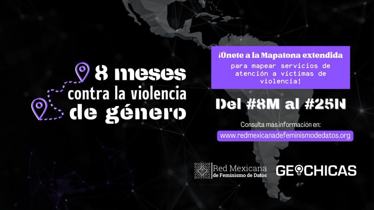 red_mx_datosfem's tweet photo. 📣 Mañana: Sesión 1 de la Mapatona extendida vs la violencia de género 💜

@GeochicasOSM y @red_mx_datosfem invitan a mapear servicios de atención a víctimas de violencias del #8M al #25N 

Inscríbete 👉🏾 https://t.co/qN7D0F4wOV
Únete al canal de Telegram: https://t.co/3TquHBYXdX https://t.co/6pBuOPdkjM