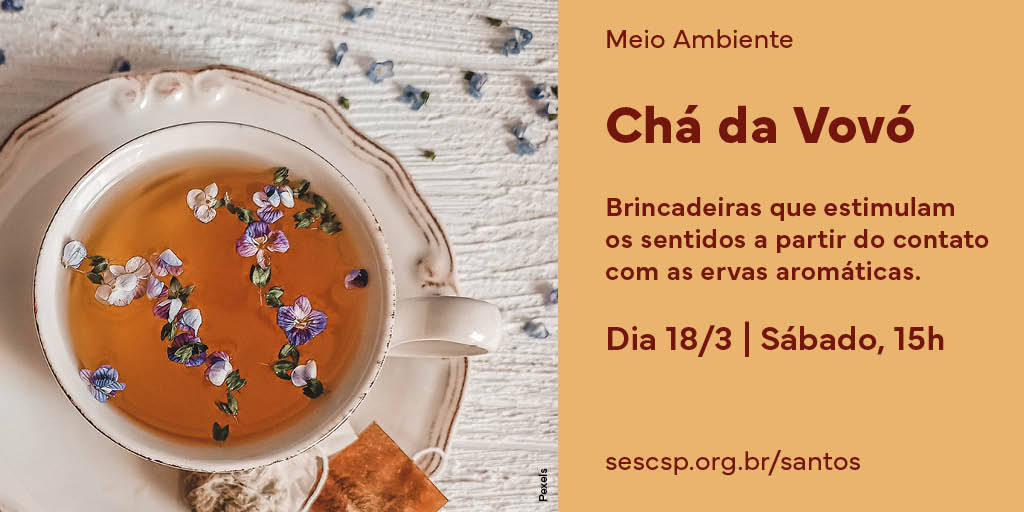 sescsantos's tweet photo. Quem ama um chazinho?

Na oficina "Chá da Vovó", vamos conhecer melhor as ervas aromáticas presentes em nossa cozinha, para brincar, conhecer e preservar. 

📌 Dia 18/3, sábado, às 15h
Toca. Livre. Grátis
Recomendado para maiores de 5 anos

#meioambiente #oficina #chá #sescsantos https://t.co/RZTaN5dn1E