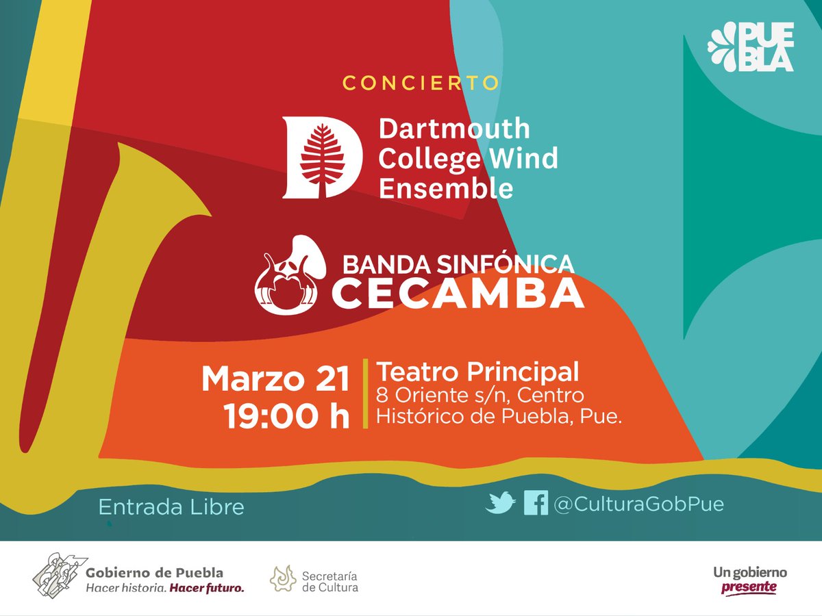 CurulMetropoli's tweet photo. 🎻🎼 || Este 21 de marzo no te puedes perder el concierto de la Banda Sinfónica #CECAMBA en compañía de Dartmouth College Wind Ensemble #DCWE, ensamble estadounidense que se encuentra de gira por #México. La entrada es libre. Invita @CulturaGobPue. #CurulPuebla https://t.co/AJ1HAejOTE