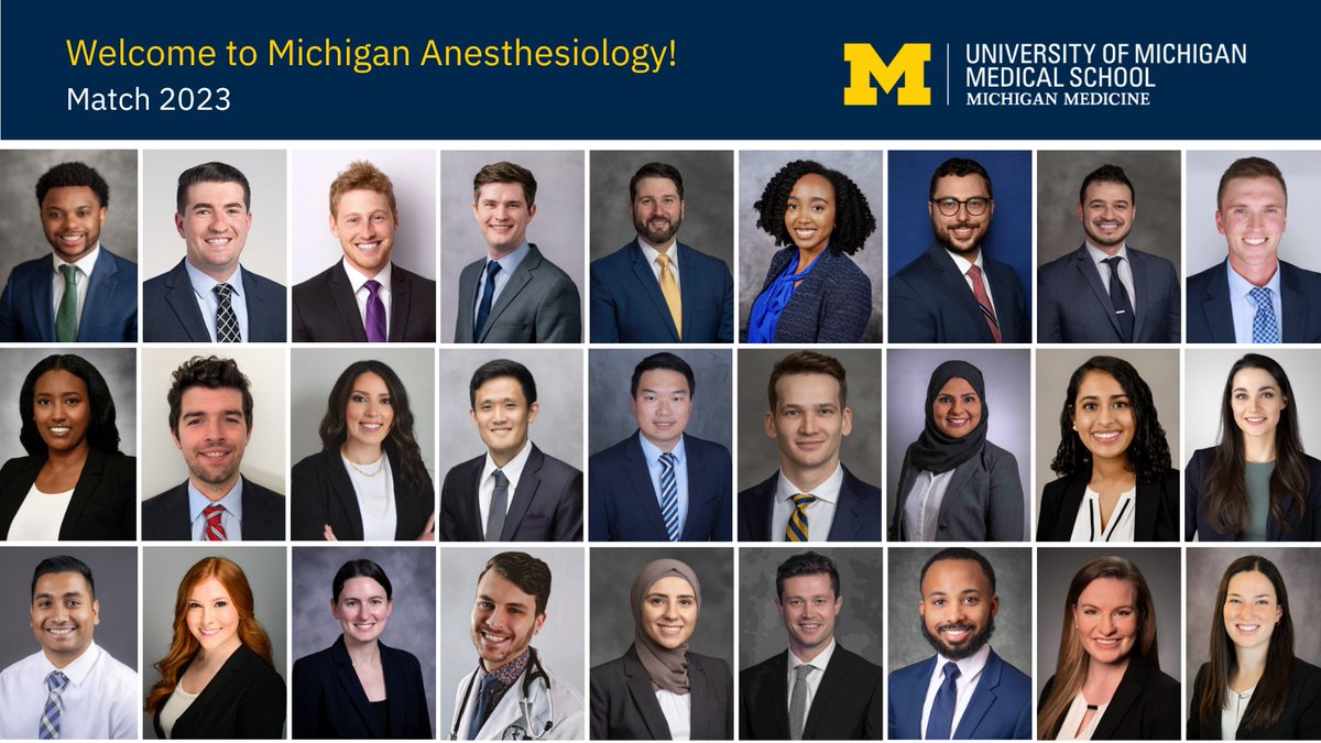 UMichAnesthesia's tweet image. 🎉Introducing the 27 members of the Class of 2027!🎉

Please join us in welcoming our newly matched Michigan Anesthesiology residents. We can't wait to see them @UMichMedicine in just a few short weeks!

Meet Our Matches: bit.ly/3yNWQGk

#UMichAnesMatch #GoBlueMatch