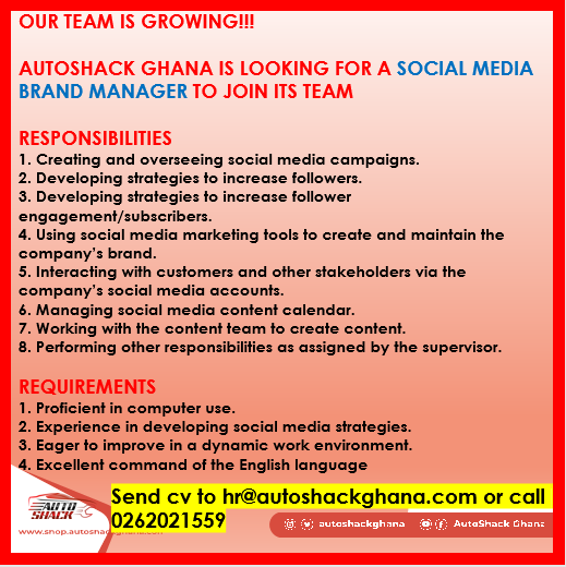 autoshackghana's tweet photo. We are hiring.
#jobvacancy #newjob #socialmediajob #autoshop #jobsinghana #accrajobs #jobsinghana #kumasi #applynow #twitterjobs #twitterjobsearch #twitterjob https://t.co/GXsnYj4dsg