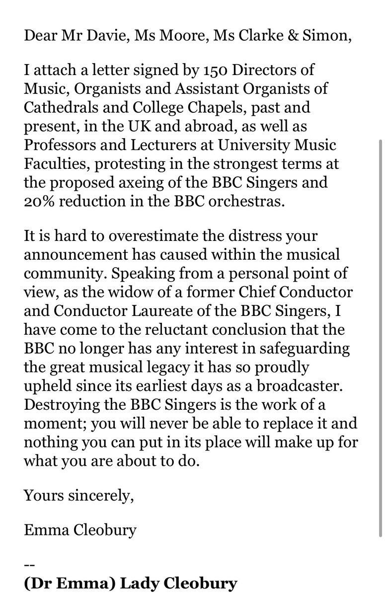 Letter to BBC signed by 150 Directors of Music and Organists of Cathedrals and Chapel Choirs and Lecturers at Music Faculties in the UK and abroad. #WeAreTheBBCSingers