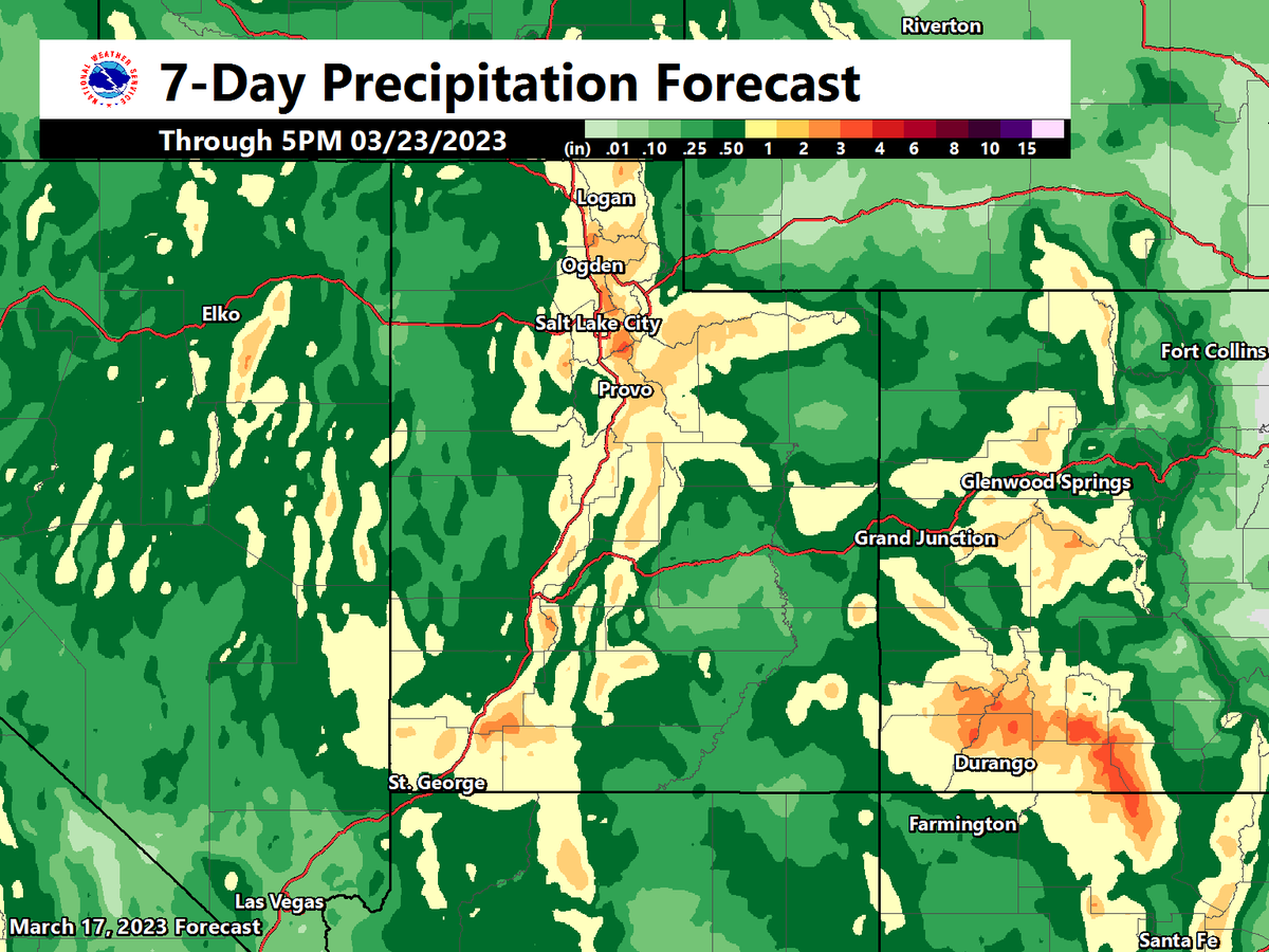 NWSSaltLakeCity's tweet image. 💧 A first look at our upcoming Spring Storm next week. Shown here is the rainfall low/high and best forecast for Monday alone, while the forecast on the right in the precipitation forecast total through the next 7 days. #UTwx #RainAndSnow #NotSpringYet