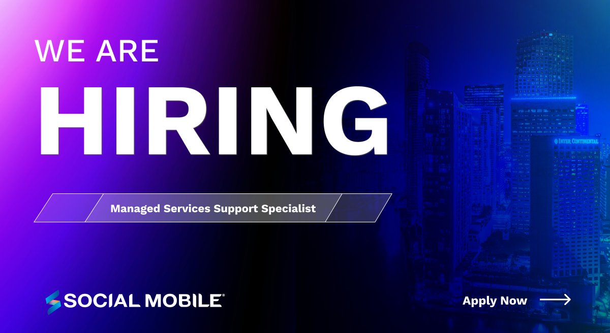 We're hiring! Social Mobile is looking for a Managed Services Support Specialist to join our Managed Services team.

Take the first step towards growth and apply today ➡️ bit.ly/3MPU21N

#CareerOpportunities #Hiring #TechJobs #ManagedServicesProvider #ManagedServicesJobs