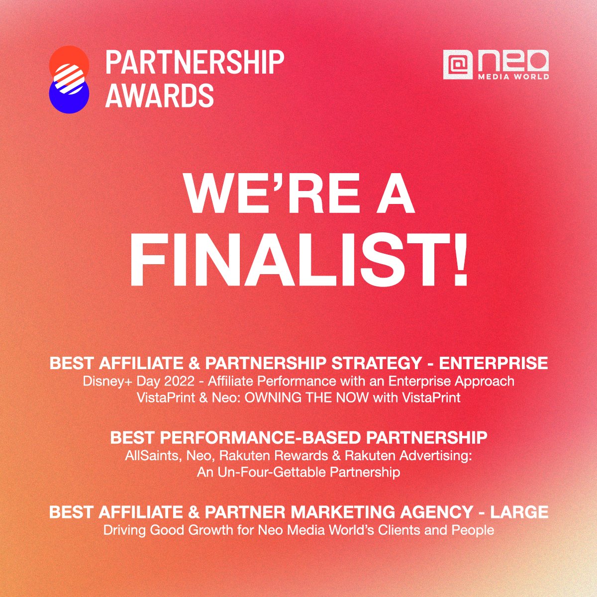 NeoMediaWorld's tweet photo. We are thrilled to share that Neo has been shortlisted x4 for the 2023 US Partnership Awards! Congratulations to our teams and clients!

https://t.co/AsHdFuNEaM #USPA23 https://t.co/rqE2HAD4nJ