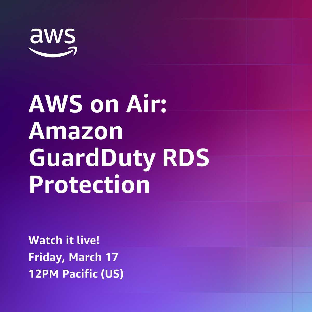 Celeste_Bishop's tweet image. 🕶 Join us for #AWSonAir March 17 at 12pm PT 🍀 to learn about #AmazonGuardDuty RDS Protection for #AmazonAurora ☞  go.aws/42h4hDB 

#security #database