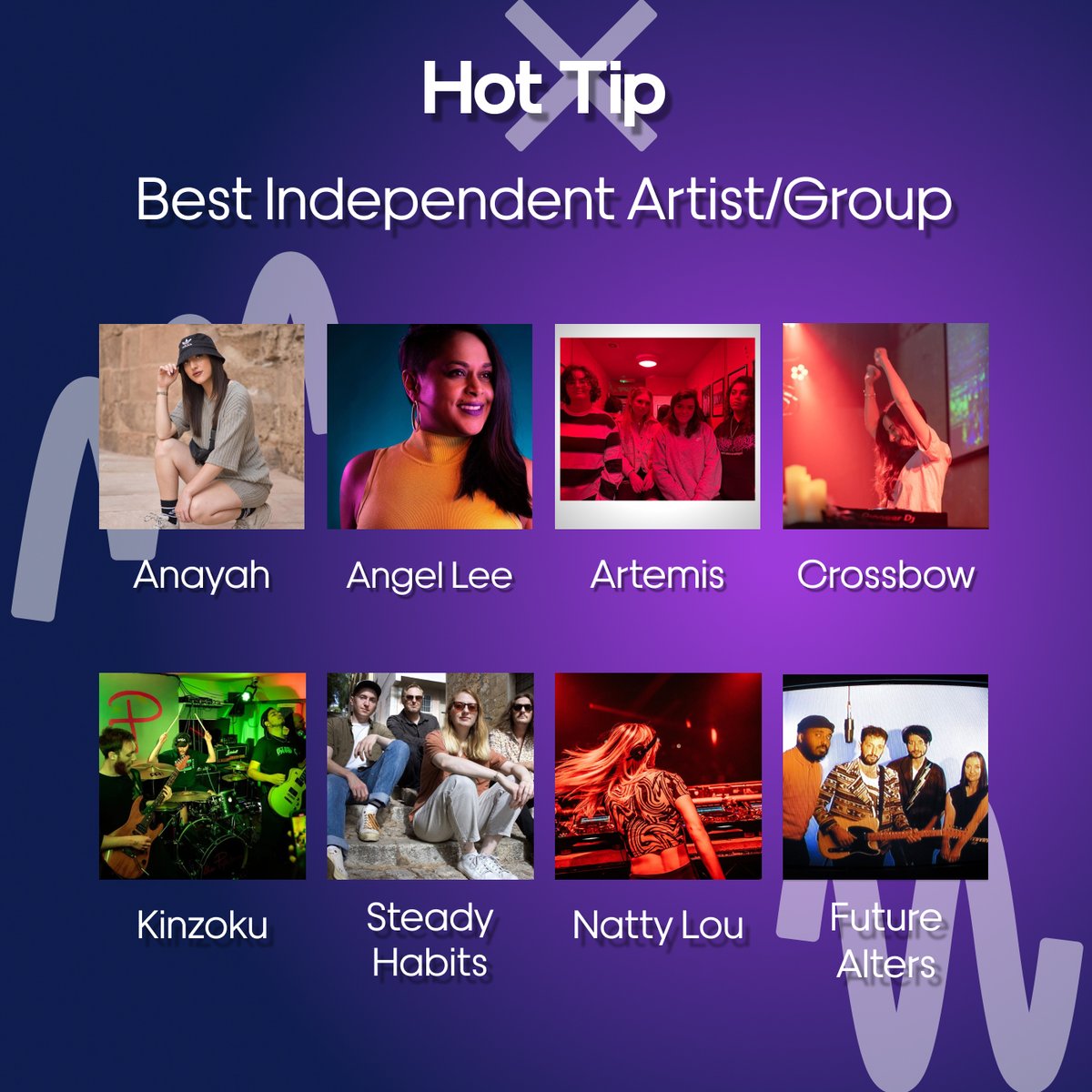 Hot Tip Nominations:

#Anayah
<a href="/djangellee/">Angel Lee</a>
#Crossbow
<a href="/ArtemisUKBand/">Artemis</a>
@LouCreative1
<a href="/futurealters/">Future Alters</a>
<a href="/KinzokuBandUK/">KINZOKU</a>
@SteadyHabitsMus