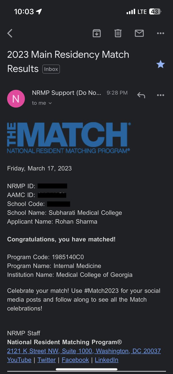 DrSharmaMD's tweet photo. I Matched at my top choice, couldn’t be more excited, it still feels surreal. @MCG_InternalMed #Match2023 #Internal_Medicine https://t.co/GeVq0sxjl3