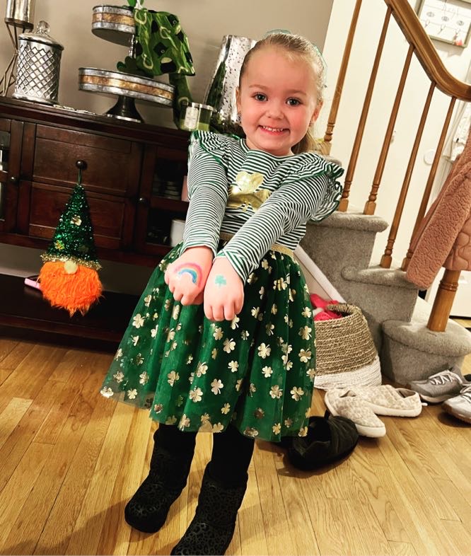 ProdigySearchKC's tweet image. St. Patrick&apos;s Day school outfit! She loved her tattoos! 🌈☘️