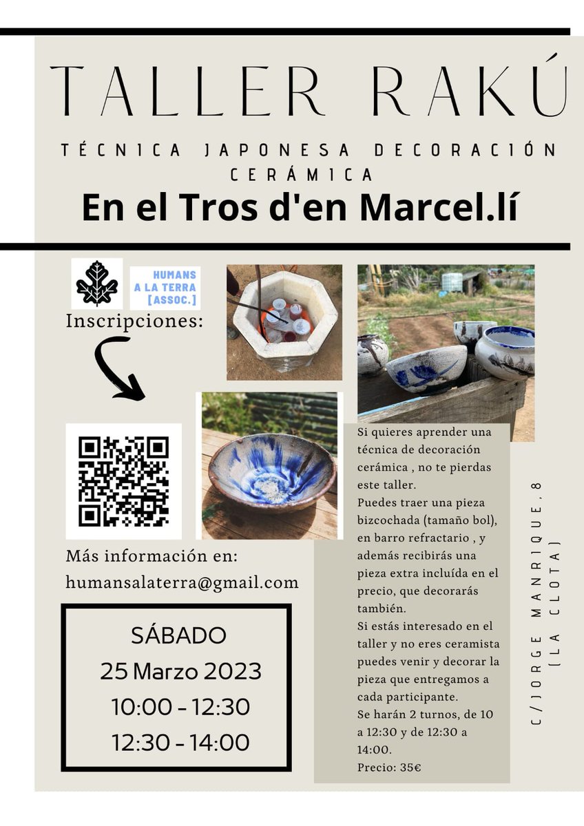 AnemAlTros's tweet photo. 2ª edición del Taller de Rakú en nuestro huerto "El Tros d'en Marcel.lí". Será el Sábado 25 de Marzo, de la mano de Carlota Sampietro (Taller La Manyeria).

Inscripciones en https://t.co/tgflHlH8NV

#raku #eltrosdenmarcelí #laclota #hortabcn #horta #ceramica https://t.co/FC7TSo2CbM