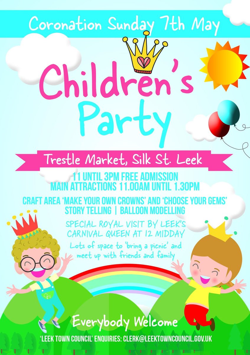 K8ENICS's tweet photo. Enjoyed helping to plan this @Leektowncouncil event. Supported by @StaffsLibraries and Staffordshire Moorlands Children’s Centre. Craft, balloon modelling, sharing stories, Carnival Queen and Henry VIII #ccvolunteers #Coronation2023 @SMDCtweets @StaffordshireCC https://t.co/kSXh9yHxE9