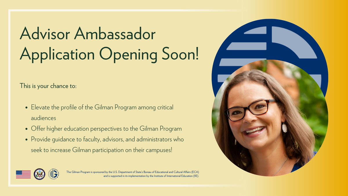 Gilman Program (@gilmanprogram) on Twitter photo The Gilman Advisor Ambassador application is opening soon! As an Advisor Ambassador you have the chance to elevate the profile of the Gilman Program, offer higher education perspectives and provide guidance to increase Gilman participation on campus. #ExchangeOurWorld <a href="/ECAatState/">Educational & Cultural Affairs—U.S. Dept. of State</a> The Gilman Advisor Ambassador application is opening soon! As an Advisor Ambassador you have the chance to elevate the profile of the Gilman Program, offer higher education perspectives and provide guidance to increase Gilman participation on campus. #ExchangeOurWorld <a href="/ECAatState/">Educational & Cultural Affairs—U.S. Dept. of State</a>