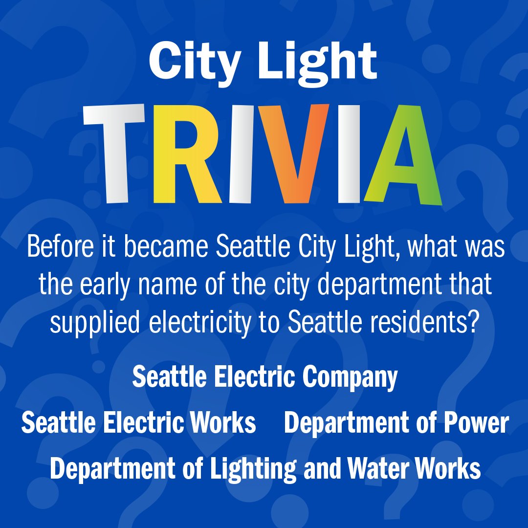 SEACityLight's tweet photo. Test your Seattle history with this week's #citylighttrivia ๐
Before it became Seattle City Light, what was the name of the city department that supplied electricity to Seattle? https://t.co/bz0PT9H6MK