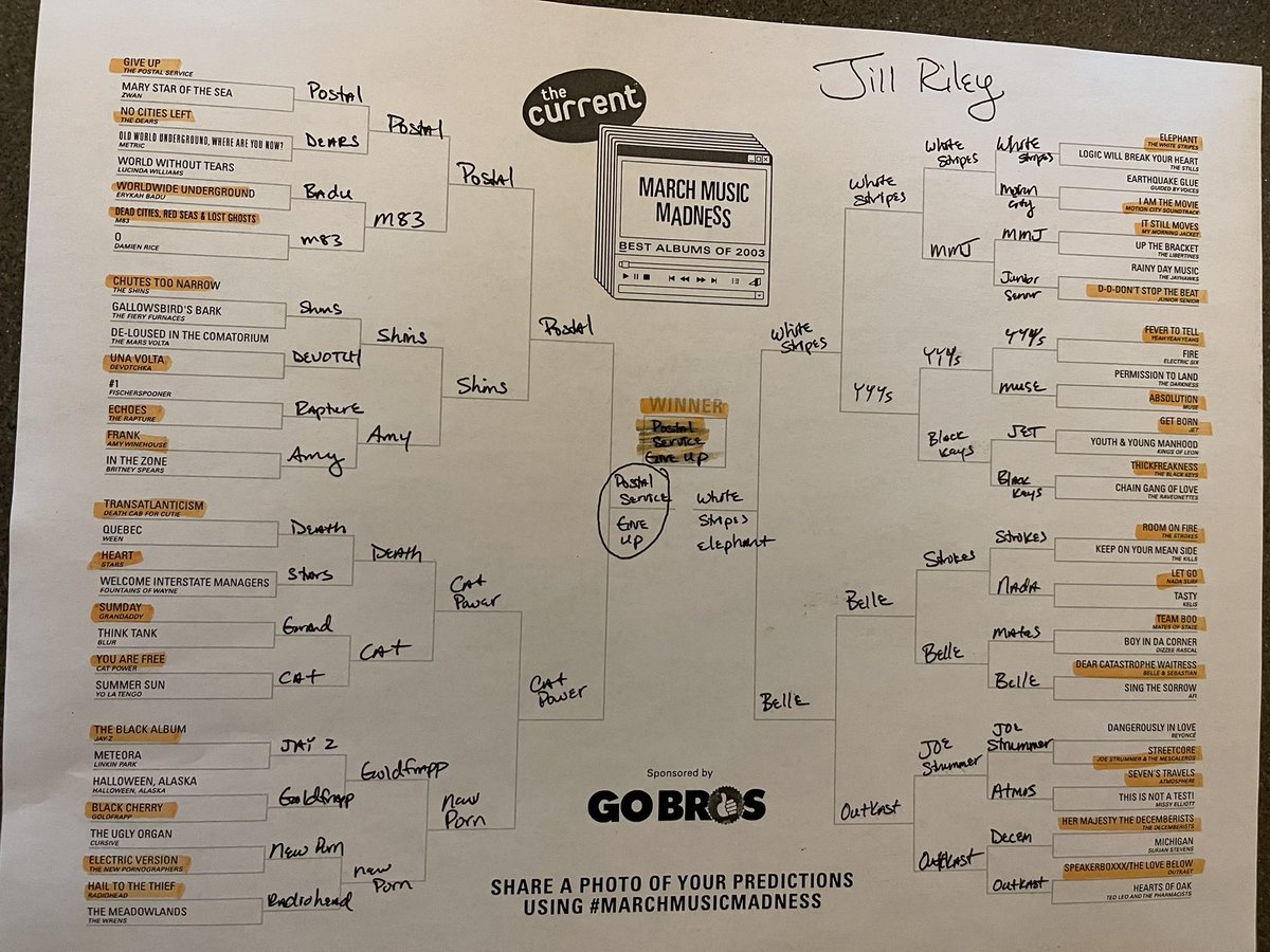 Get ready for Monday morning! Fill out your <a href="/TheCurrent/">The Current</a> #MarchMusicMadness bracket and listen for The Postal Service ‘Give Up’ to win #BestAlbumsOf2003 😎