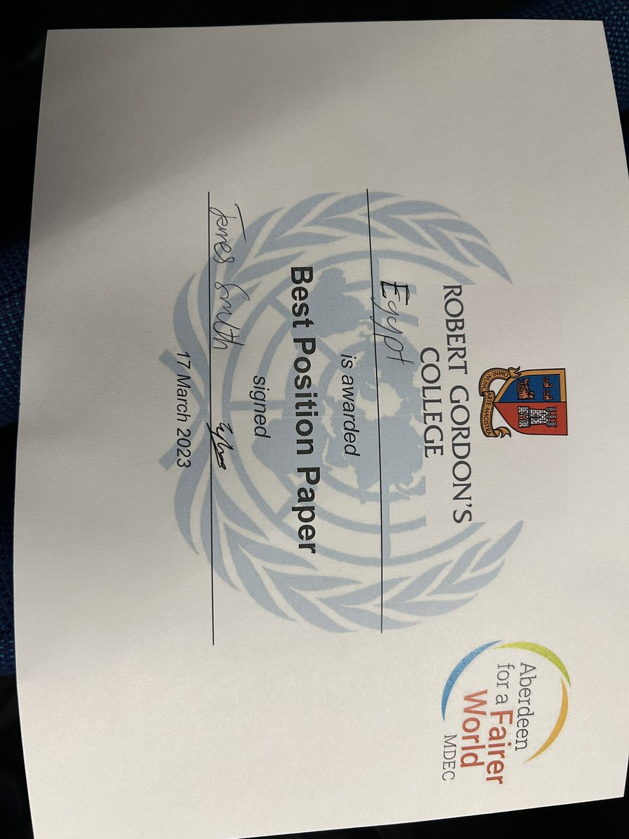 One very proud teacher today Porty Pupils represented Egypt at the #ModelUN conference held at @robertgordons and won the waves for best Position Paper. Well done all. Thanks for supporting @_afairerworld #ProudofPorty @PortyAcad