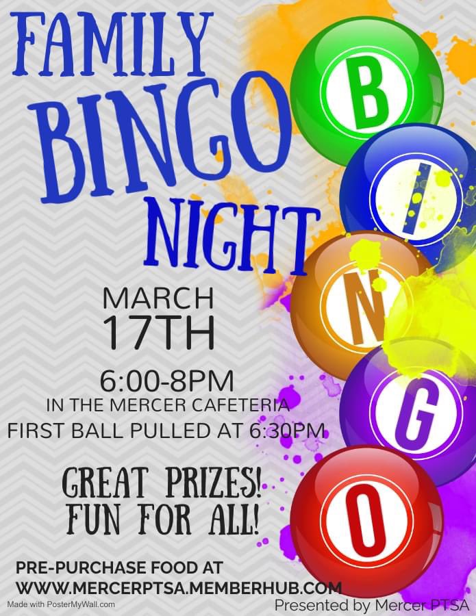 Family Bingo Night is TONIGHT from 6-8pm!  Bring your whole family!
The first game will begin at 6:30pm. The games are provided by the PTSA but there will be food and daubers for sale. 
@LCPSMercer