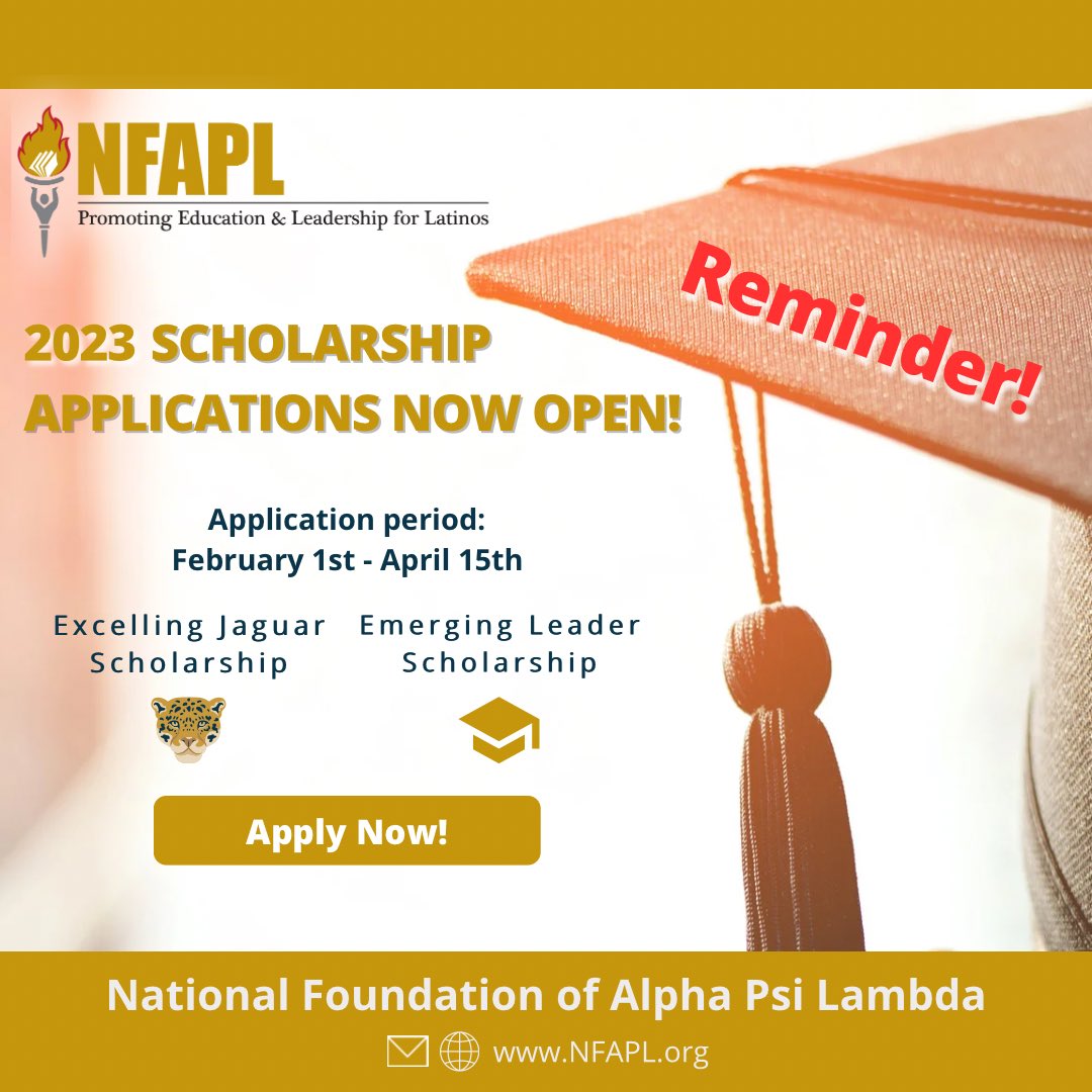 NFAPL1's tweet image. 🚨Reminder!🚨 Scholarship applications are open thru April 15, 2023!

🎓 Are you or do you know a graduating high school senior?
🐆 Are you a current collegiate member of Alpha Psi Lambda?

🔗 NFAPL.org

#nfapl #alphapsilambda #latinoexcellence #scholarship
