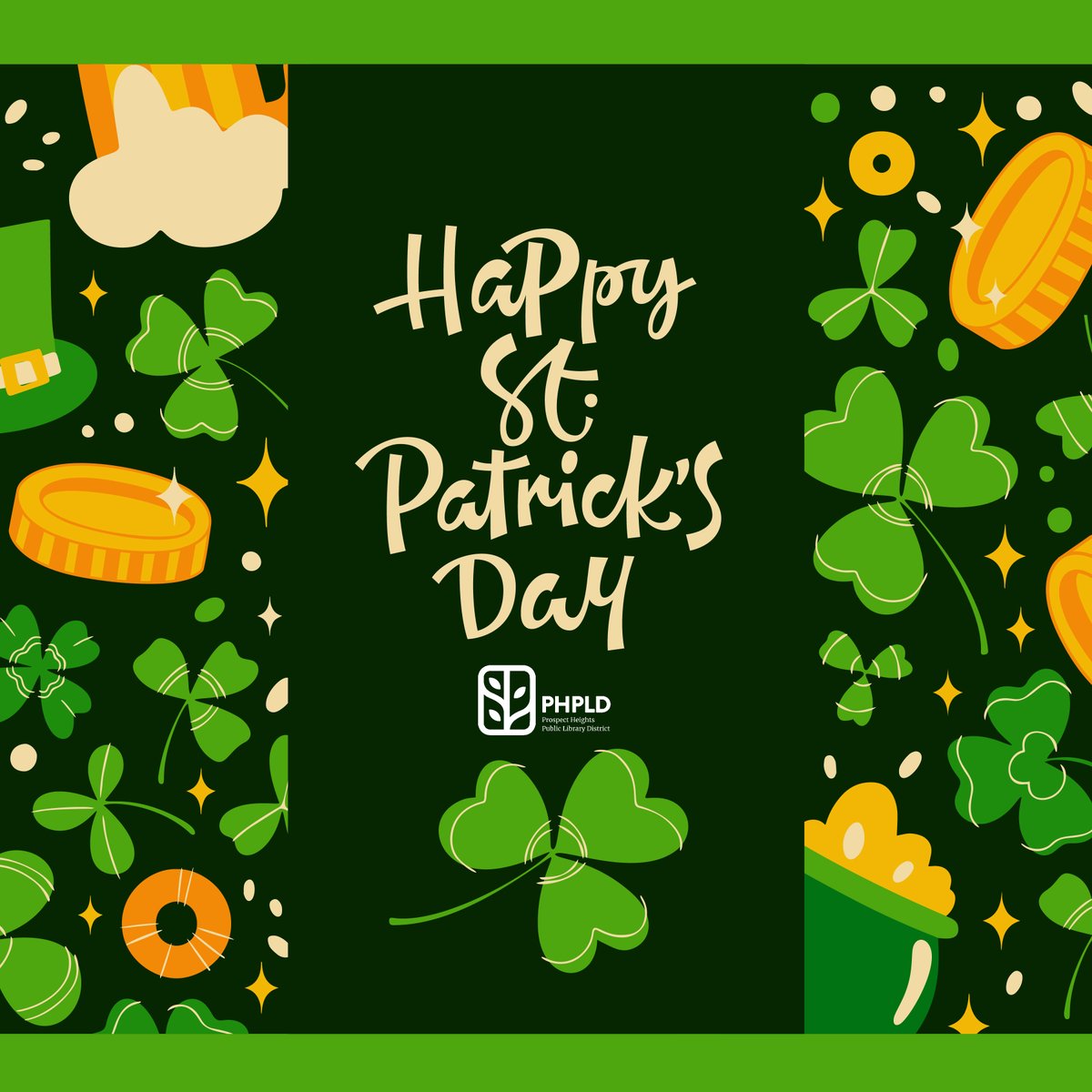 PHLibrary's tweet photo. Happy St. Patrickโs Day!!
May your clovers have leaves of four and your luck last forevermore! ๐
#PHPL #library #libraries #happystpatricksday #Friday https://t.co/ldOEYvT4b5