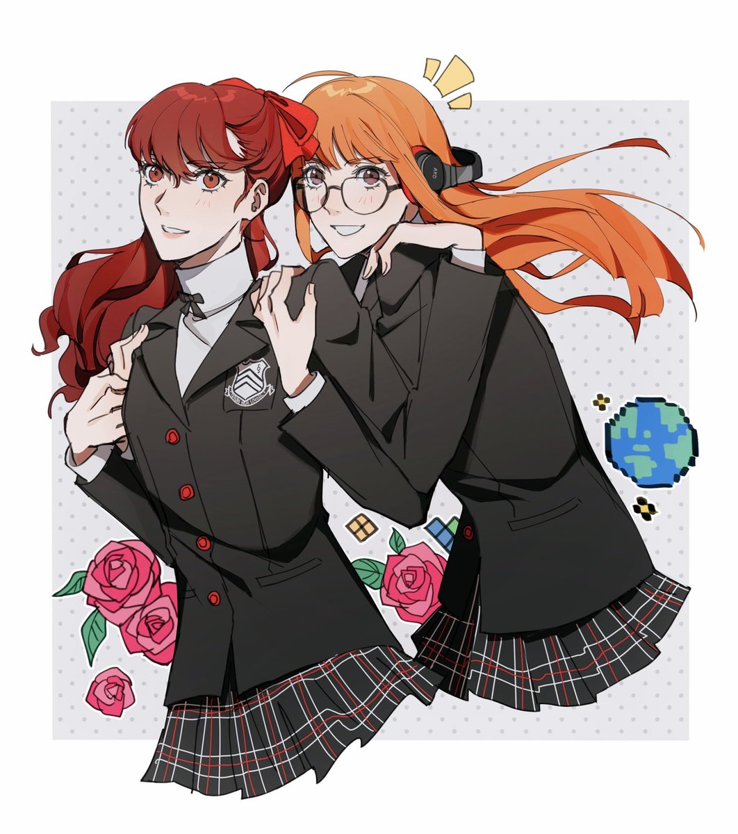 sakura futaba shuujin academy school uniform multiple girls 2girls school uniform glasses orange hair jacket  illustration images