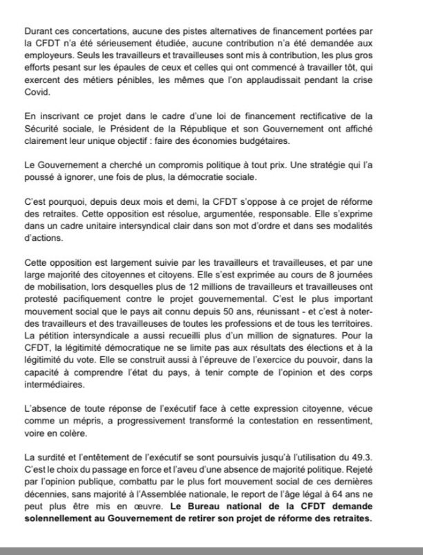LaurentBerger44's tweet photo. Le Bureau national de la CFDT, dans une déclaration adoptée à l’unanimité, demande solennellement au Gouvernement de retirer son projet de réforme des retraites. 
#64ansCestNon https://t.co/KZRRJPnNJk